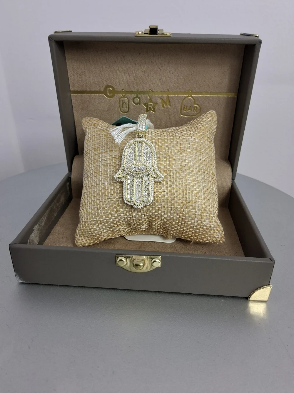 Signed 925 Sterling (Gold) Moissanite 3.21 Ctw Vvsd Color Hamsa Hand Charm